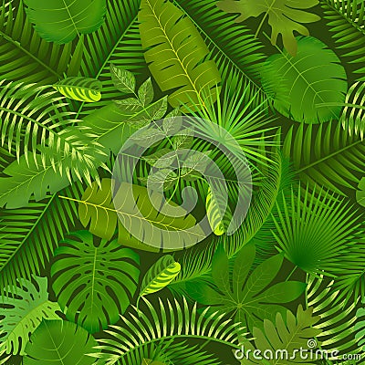 Fashionable seamless tropical pattern design with bright green plants and leaves on dark background. Jungle print. Floral backgrou Vector Illustration