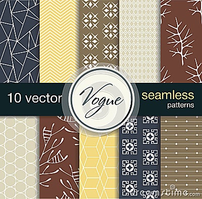 10 fashionable seamless vector patterns. Blanks for postcards, prints fabric, background for web. Subject fashion. Vector Illustration
