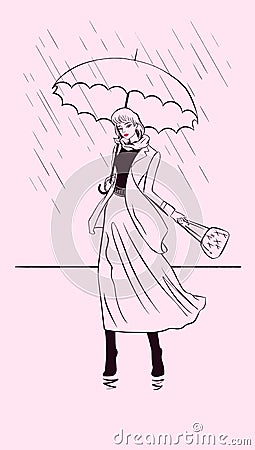 Fashionable slim stylish beautiful woman with umbrella under rain, minimalis liner and brush fashion illustration Vector Illustration