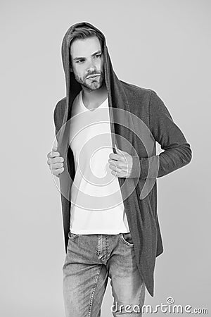 Fashionable and stylish. Fashionable man yellow background. Fashionable look of vogue model. Handsome wear fashionable Stock Photo