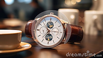 Elegant Watch On Table: Photorealistic Detailing And Celestial Precision Stock Photo