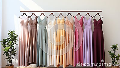 Fashionable wedding dress hanging in a boutique, elegant and glamorous generated by AI Stock Photo