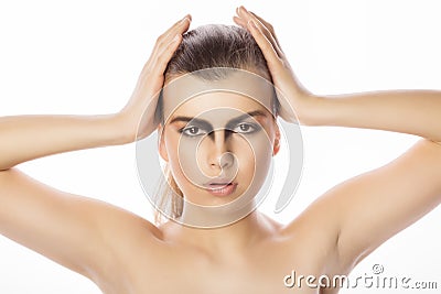 Fashionable woman face with art makeup at studio on white background Stock Photo