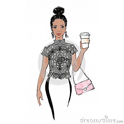 Fashionable woman illustration / artwork - coffee to go / lace top / handbag - fashion illustration / beauty Vector Illustration