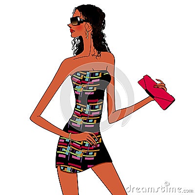Fashionable woman with a pink clutch bag Vector Illustration