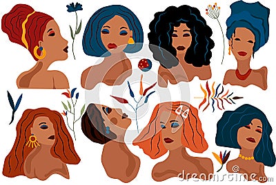 Fashionable womans with different hair style. Collection womans and leaves ideal for postcards, scrapbooking, posters Vector Illustration