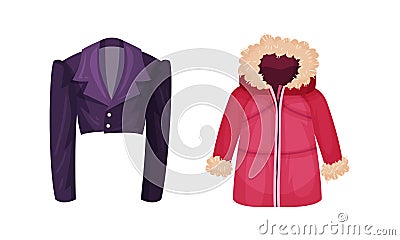 Fashionable women outerwear set. Cropped jacket and warm jacket for girl. Stylish winter, spring or autumn clothing Vector Illustration