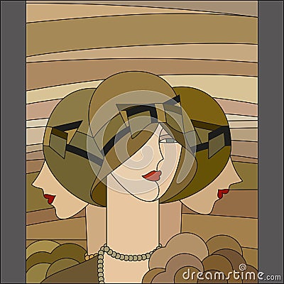 Fashionable women pattern. Three flappers. Art deco stained glass pattern. Vector Illustration