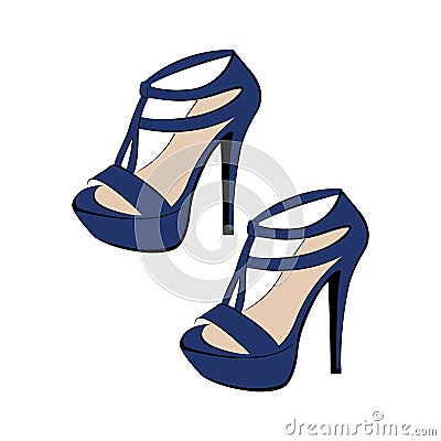 Fashionable women`s blue high-heeled sandals. Open shoes. The design is suitable for icons, shoe stores Vector Illustration