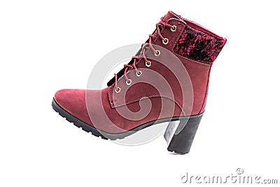 Fashionable women's demi-season ankle boots in cherry are on a white background Stock Photo