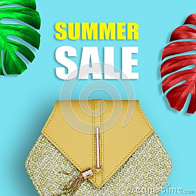 Fashionable women`s handbag and colored sheets with monsters on a bright background with the text summer sale. The concept of Stock Photo