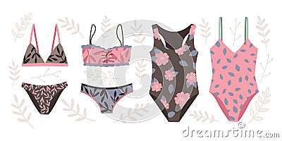 Fashionable womens swimwear with floral print Vector Illustration