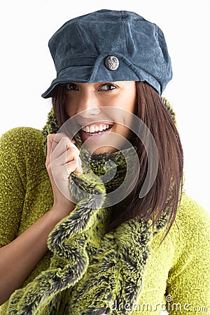 Fashionable Young Woman Wearing Knitwear In Studio Stock Photo