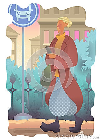 Fashionably dressed beautiful young girl with a smartphone. Passenger waiting for a bus at a bus stop. Woman in a coat in a city Vector Illustration