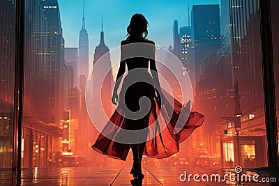 Fashionably Yours: A silhouette of a woman with shopping bags in hand, strutting confidently down the vibrant city streets Cartoon Illustration