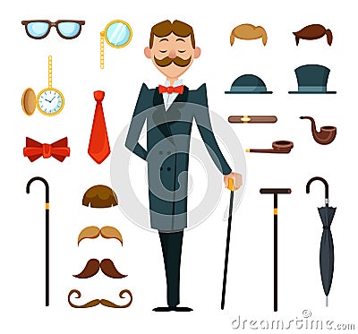 Fashioned retro gentleman with different accessories of victorian style. Creation mascot kit Vector Illustration