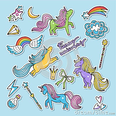 Fashioned vector stickers. Nineties retro style. Unicorn, rainbow an other magic elements Vector Illustration