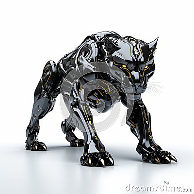 Fast black panther robot, robotic animal isolated over white background. AI Generated Stock Photo