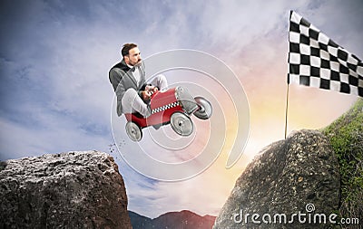 Fast businessman with a car wins against the competitors. Concept of success and competition Stock Photo