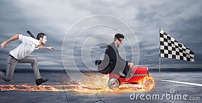 Fast businessman with a car wins against the competitors. Concept of success and competition Stock Photo