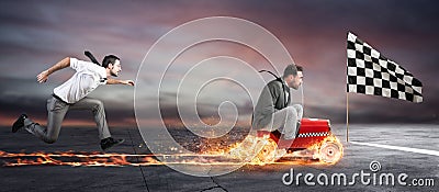 Fast businessman with a car wins against the competitors. Concept of success and competition Stock Photo