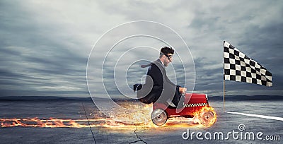 Fast businessman with a car wins against the competitors. Concept of success and competition Stock Photo