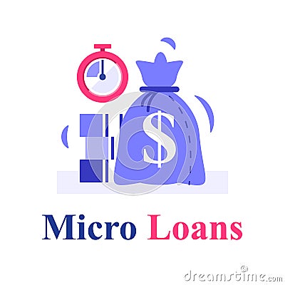 Fast cash and stopwatch, small loans, borrow money, pay back later, postpone payment Vector Illustration