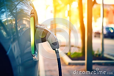 Fast charging stations for electric vehicles on a city street. Charging station for cars with illumination. Available charging for Stock Photo