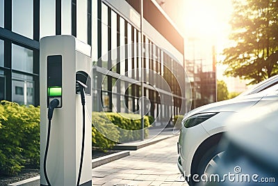 Fast charging stations for electric vehicles on a city street. Charging station for cars with illumination. Available charging for Stock Photo