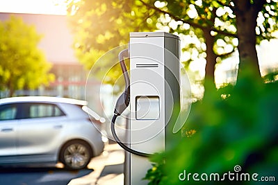 Fast charging stations for electric vehicles on a city street. Charging station for cars with illumination. Available charging for Stock Photo