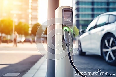 Fast charging stations for electric vehicles on a city street. Charging station for cars with illumination. Available charging for Stock Photo