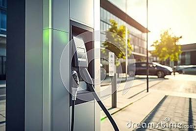 Fast charging stations for electric vehicles on a city street. Charging station for cars with illumination. Available charging for Stock Photo