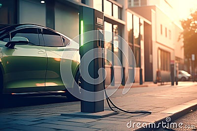 Fast charging stations for electric vehicles on a city street. Charging station for cars with illumination. Available charging for Stock Photo