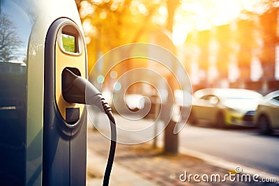 Fast charging stations for electric vehicles on a city street. Charging station for cars with illumination. Available charging for Stock Photo