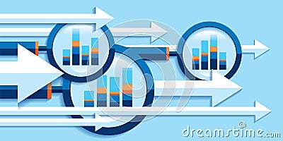 Fast decision. 3D magnifier icon, right arrow, search for solutions. Financial management. A lot of pointers on a blue background. Vector Illustration
