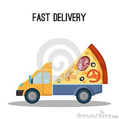 Fast delivery advertisement banner with huge piece of pizza Vector Illustration