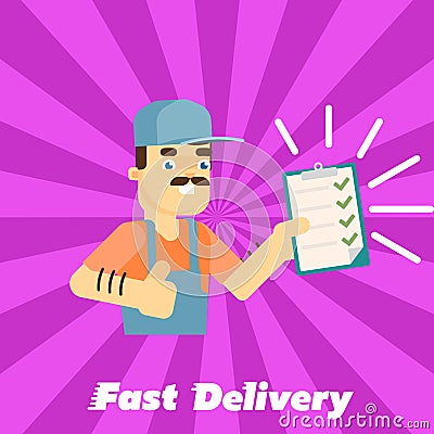 Fast delivery banner. Postman with clipboard Vector Illustration