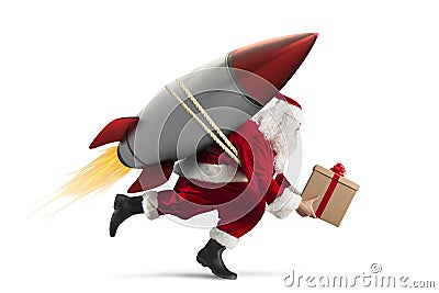 Fast delivery of Christmas gifts ready to fly with a rocket isolated on white background Stock Photo