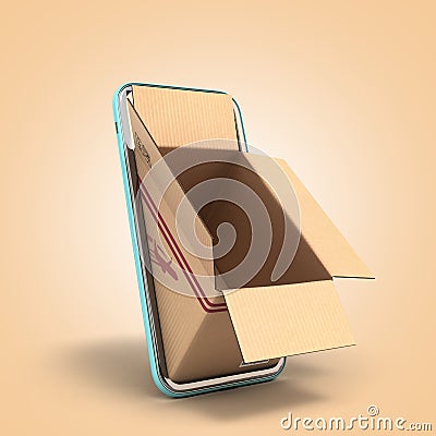 Fast delivery concept empty oprn box peep out of the screen of a mobile phone 3d render on color gradient Stock Photo