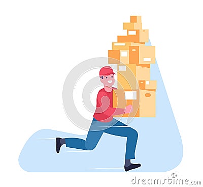 Fast delivery. Courier with many cardboard boxes runs to address. Man carrying with parcels stack. Hurrying deliveryman Vector Illustration