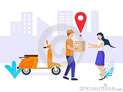 Fast delivery. Couriers deliver free delivery of goods or postal parcels on scooters to customers. Vector illustration in flat Vector Illustration