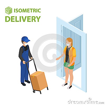 Fast delivery flat isometric vector concept. The Courier stays with the parcel near the door and gives the parcel to the Vector Illustration