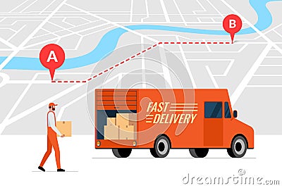 Fast delivery order service and online route tracking on city map concept. Lorry truck and male courier with package box Vector Illustration