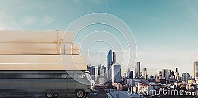 Fast delivery parcels concept, delivery van with parcel boxes on roof driving fast Stock Photo