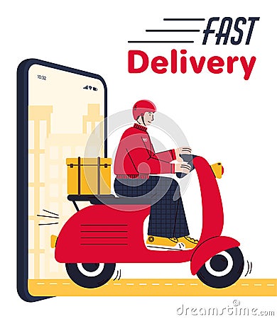 Fast delivery poster with courier scooter driving out of smartphone screen Vector Illustration