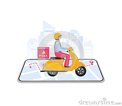 Fast delivery by scooter on mobile. Online food or pizza order. Order by phone. Tracking courier by map application. Vector Illustration