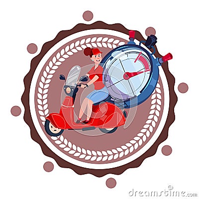 Fast Delivery Service Logo Woman Courier Riding Retro Scooter Icon Isolated Vector Illustration