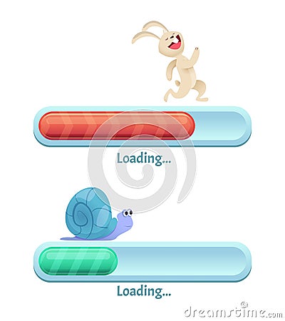 Fast download bar. Business concept of computer internet conection type quick rabbit and slow snail in dynamic poses Vector Illustration