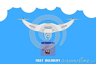 Fast drone delivery sushi in a package, food delivery concept illustration, drone control, delivery anywhere in the city Cartoon Illustration