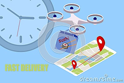 Fast drone delivery sushi in a package, food delivery concept illustration, drone control, delivery anywhere in the city Cartoon Illustration